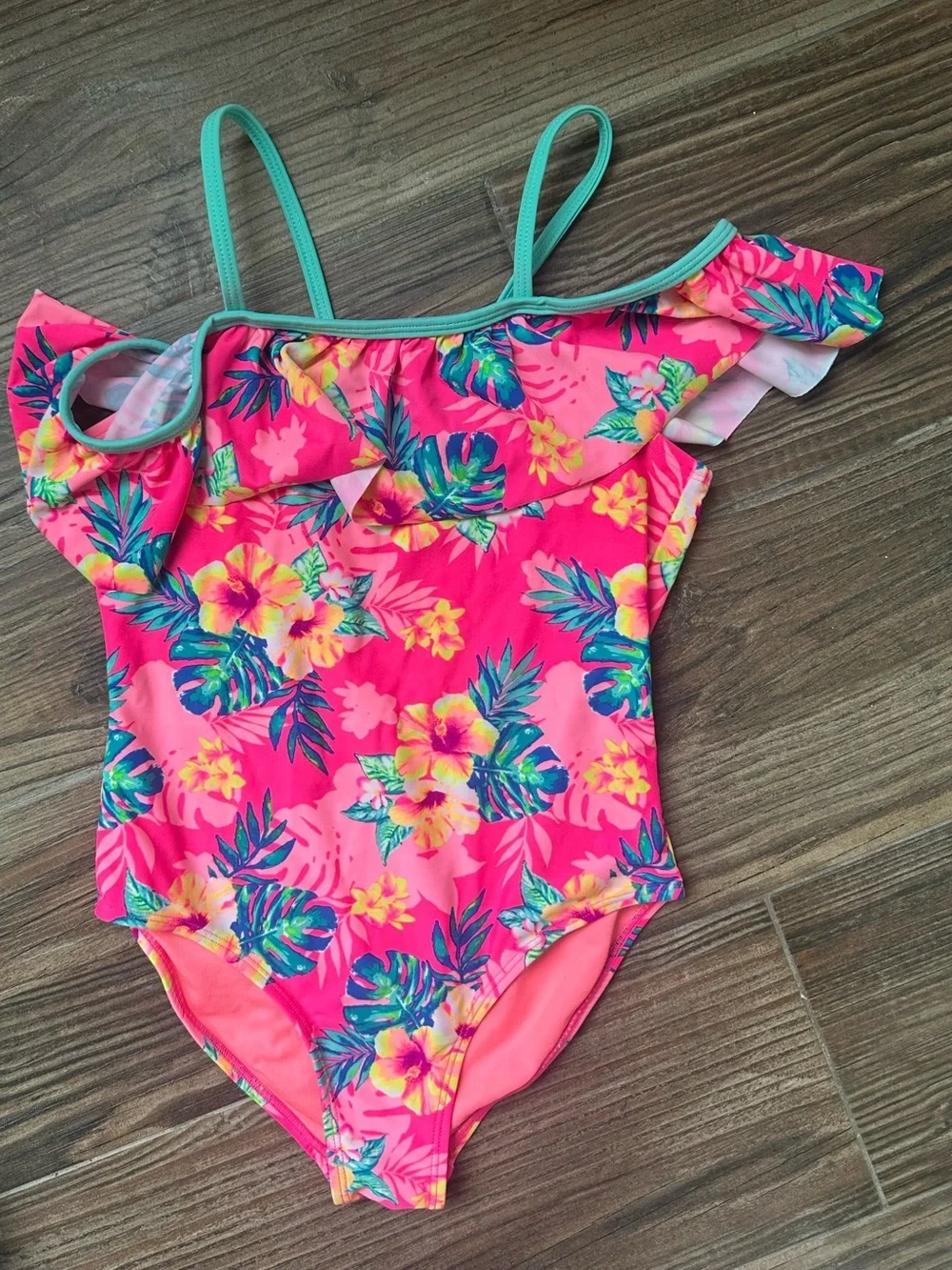 Tropical Pink Floral Girls' One-Piece Swimsuit with Mint Straps